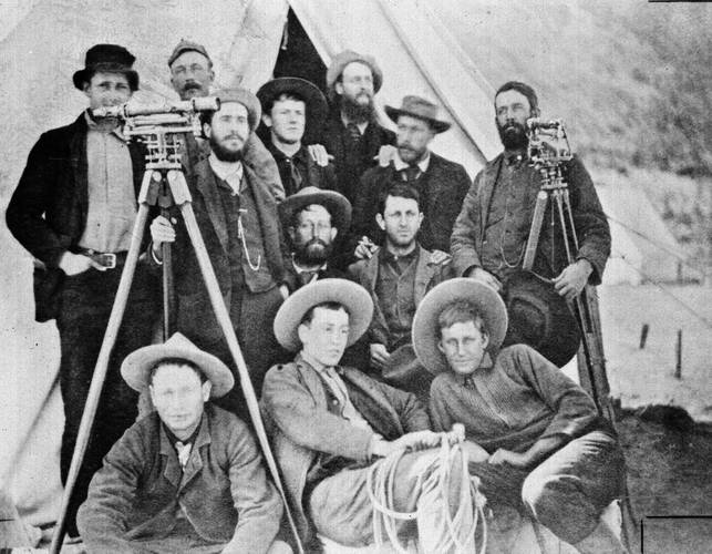 What: 	USGS Embudo Personnel When: 	1888 Where: 	Embudo, NM, USA Details: Personnel of the USGS in the field of Embudo, New Mexico, the “birthplace of systematic streamgaging”, circa 1888. Personnel in photo: Back row: L.S. Kendall; W.P. Trowbridge, Jr.; Prof. E. Curtis; T.M. Bannon; F.H. Newell; G.T. Quinby; R. Robertson Middle Row: R.S. Tarr; R.P. Irving Front Row: R. Shumway (Packer); J.W. Mitchell; W.A. Farish Photographer Credit: USGS