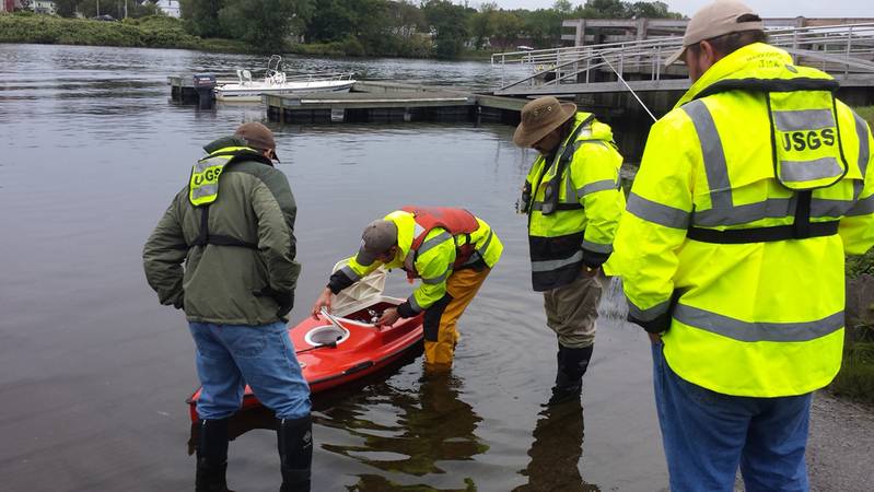 What:	RC Boat When: 9/16/2014 Where:	Gardiner, ME, USA  Details:	On September 16, 2014 the USGS Maine Office took a remote controlled boat to the Kennebec River in Gardiner to get experience operating the boat in “real world” conditions. This boat is used with an ADCP to measure streamflow or conduct bathymetric surveys. The RC boat is operated from shore, and can get into places that a regular manned boat can’t.  Credit: U.S. Geological Survey  Department of the Interior/USGS U.S. Geological Su