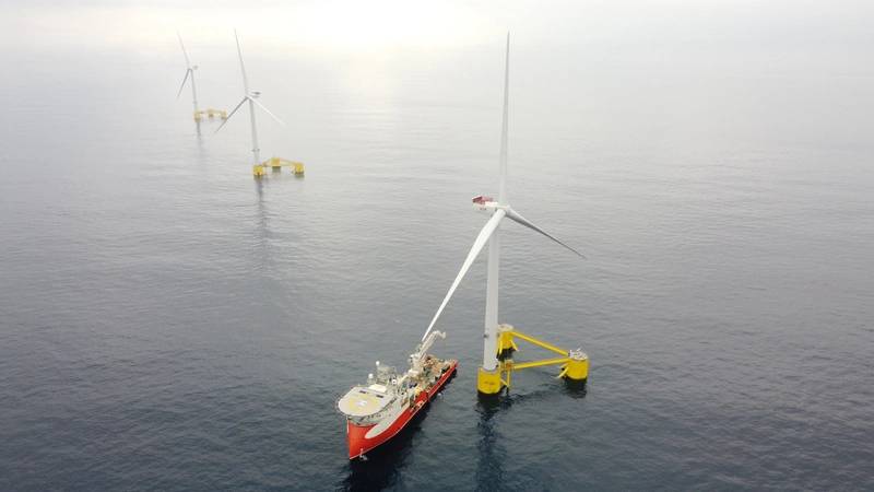 WindFloat Atlantic  the world's first first semi-submersible floating wind farm, located 20km off the coast of Viana do Castelo, Portugal. Image courtesy EDP Renovables