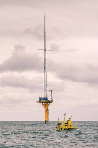 WindSentinel buoy deployed next to the ORE Catapult met mast in the North Sea for a one-month validation & research study.