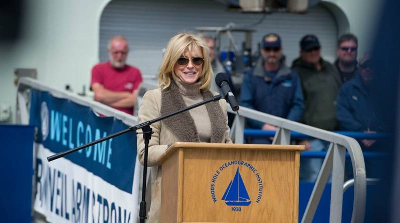 “What a wonderful day for Woods Hole, for the Commonwealth of Massachusetts, for Woods Hole Oceanographic Institution, and the entire ocean science community,” WHOI President and Director Mark Abbott told the crowd. “We’re very proud to have been selected by the Office of Naval Research to operate the Neil Armstrong. It is an enormous honor and a great responsibility.” (Photo by Tom Kleindinst, WHOI)