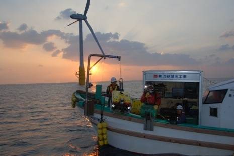 Workboat deploying the Falcon ROV to check the integrity of floating turbine moorings off the coast of Japan