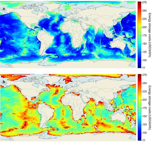 World potential of BEST with (a) air and (b) hydrogen as the storage medium. The greater the depth, the higher the BEST potential.  Image courtesy IIASA/© Julian David Hunt, Behnam Zakeri, Alexandre Giulietti de Barros, Walter Leal Filho, Augusto Delavald Marques, Paulo Sérgio Franco Barbosa, Paulo Smith Schneider, "Buoyancy Energy Storage Technology: an energy storage solution for islands, coastal regions, offshore wind power and hydrogen compression." Journal of Energy Storage, Volume 40, 2, A