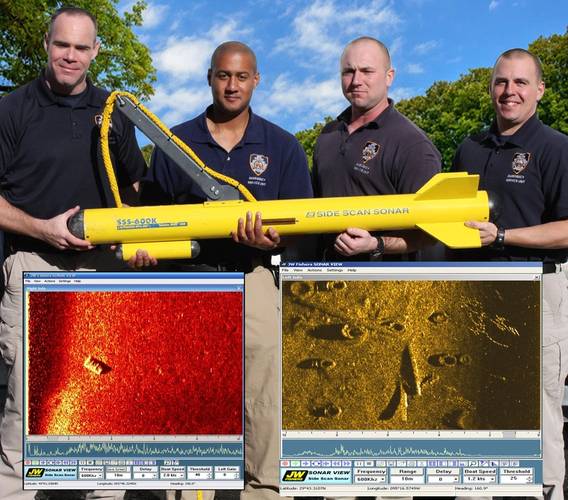 New York DEP Police with their JW Fishers side scan sonar, Inset photo – side scan images of steel drum and tires on bottom. (Photo: JW Fishers)