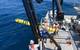 AUV Recovery: AB Peter Brill, AB Chris Remaley, GVA Sidney Dunn, and Acting CB Michael Collins recover the REMUS 600 using the J-frame on the CTD deck of the Okeanos Explorer.
Image courtesy of Charlie Wilkins. 